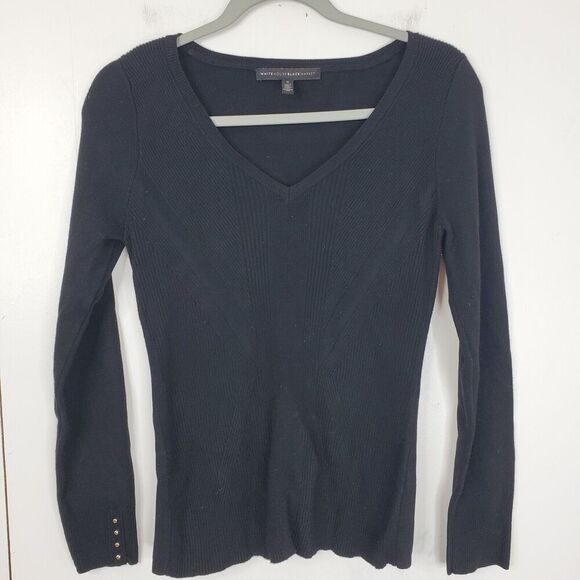 WHBM Ribbed Sweater Lightweight Knit High V Neck Minimalist Capsule Womens S - Picture 1 of 11